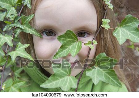 Stock Photo - Little girl looking through ivy, close-up. Fotosearch