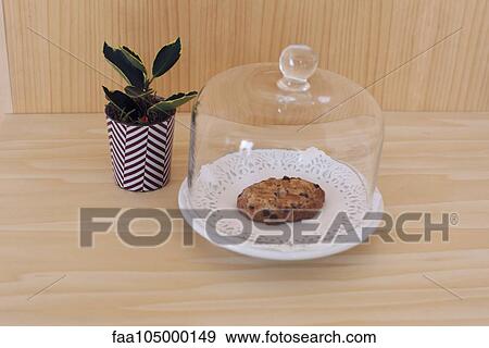 Stock Photo - Chocolate chip cookie under glass cake cover. Fotosearch