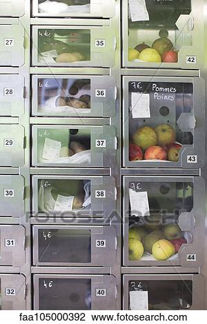 Stock Image - Food lockers in self-serve grocery. Fotosearch