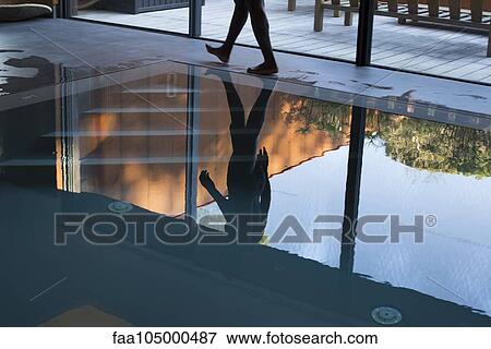 Man walking beside pool, reflected on water View Large Photo Image Stock Photo - Man walking beside pool, reflected on water. Fotosearch