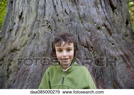 Boy in front of tree trunk, portrait View Large Photo Image Stock Photo - Boy in front of tree trunk, portrait. Fotosearch
