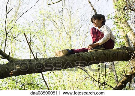 Stock Image - Boy sitting on tree branch. Fotosearch