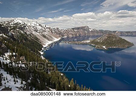 Stock Photo - Crater Lake and Wizard Island, Crater Lake National Park, Oregon, USA. Fotosearch