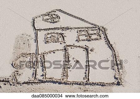 Drawing of house in sand View Large Photo Image Picture - Drawing of house in sand. Fotosearch