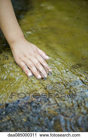 Hand touching rock in stream View Large Photo Image Stock Image - Hand touching rock in stream. Fotosearch