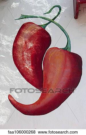 Red chili peppers painted on wall View Large Photo Image Stock Photo - Red chili peppers painted on wall. Fotosearch