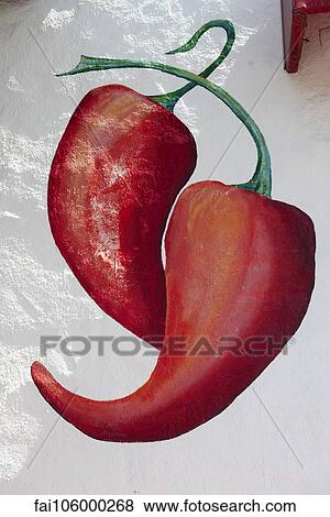 Red chili peppers painted on wall View Large Photo Image Stock Photo - Red chili peppers painted on wall. Fotosearch