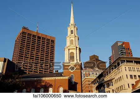 Stock Image - Steeple of the historic Park Street Church in Boston, Massachusetts, USA. Fotosearch