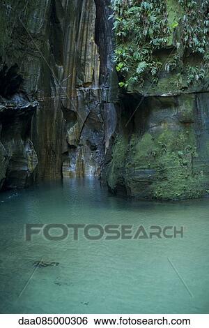 Stock Photograph - Turquoise pool at base of steep cliffs. Fotosearch
