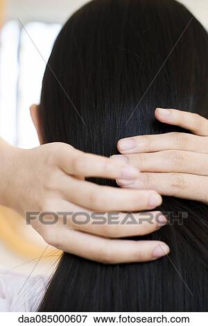 Woman fixing her hair, rear view View Large Photo Image Stock Photo - Woman fixing her hair, rear view. Fotosearch