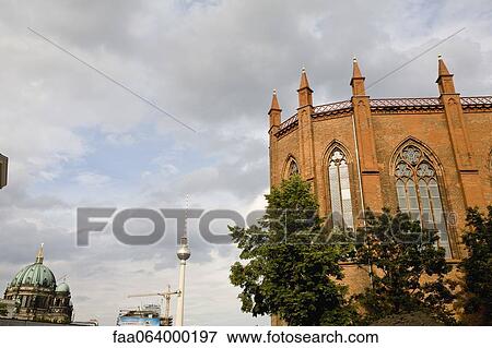 Stock Photo - Germany, Berlin, Friedrichswerder Church, Fernsehturm television tower and Berlin Cathedral visible in background. Fotosearch