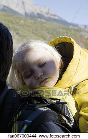 Picture - Baby girl asleep in carrier on parent's back. Fotosearch