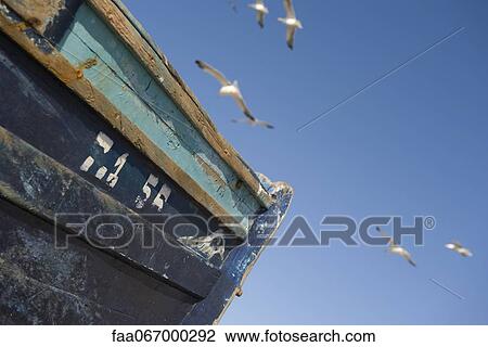 Stock Image - Gulls flying over worn fishing boat, cropped. Fotosearch