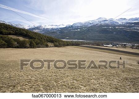 Meadow, snow-capped mountains in background View Large Photo Image Stock Image - Meadow, snow-capped mountains in background. Fotosearch