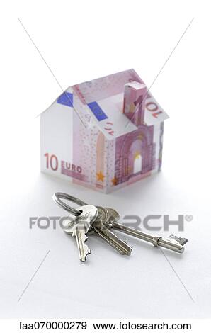 Bunch of keys and model house folded with Euro banknotes View Large Photo Image Stock Photo - Bunch of keys and model house folded with Euro banknotes. Fotosearch