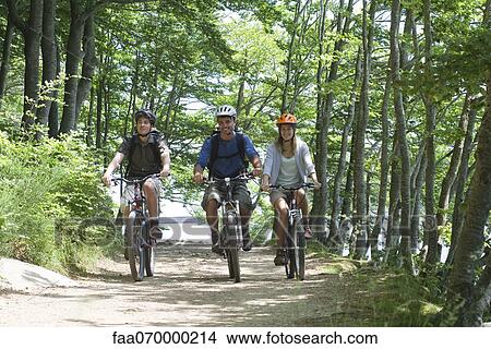 Friends riding bicycles side by side through woods View Large Photo Image Picture - Friends riding bicycles side by side through woods. Fotosearch