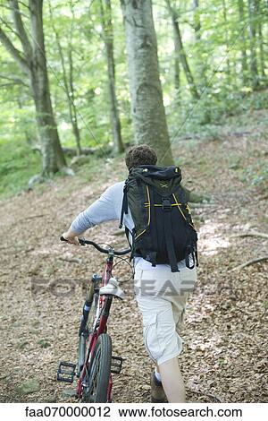 Man pushing bicycle in woods, rear view View Large Photo Image Stock Image - Man pushing bicycle in woods, rear view. Fotosearch