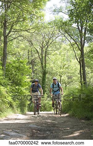 Men riding bicycles in woods View Large Photo Image Stock Image - Men riding bicycles in woods. Fotosearch