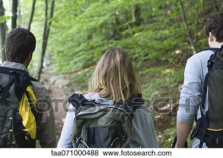 Hikers walking on path, rear view View Large Photo Image Stock Photo - Hikers walking on path, rear view. Fotosearch