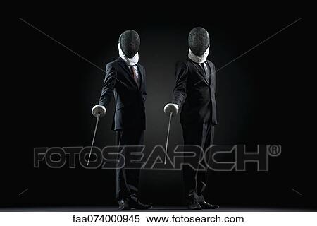 Businessmen standing with fencing masks and foils View Large Photo Image Stock Photography - Businessmen standing with fencing masks and foils. Fotosearch