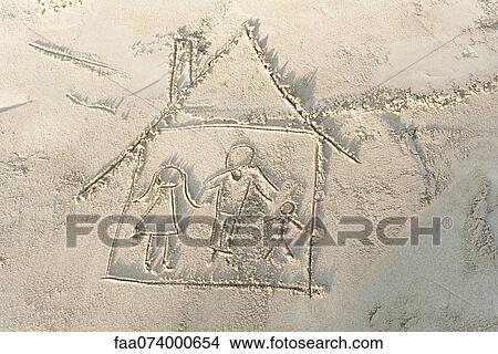 Drawing of family in house in sand, high angle view View Large Photo Image Picture - Drawing of family in house in sand, high angle view. Fotosearch