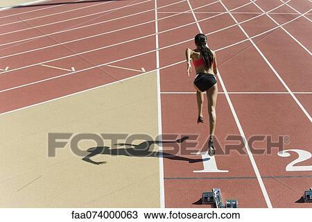 Woman running on track, rear view View Large Photo Image Stock Image - Woman running on track, rear view. Fotosearch