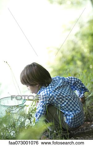 Stock Photograph - Boy catching tadpoles at water's edge. Fotosearch