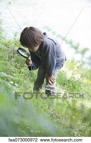 Boy looking at vegetation through magnifying glass View Large Photo Image Stock Image - Boy looking at vegetation through magnifying glass. Fotosearch