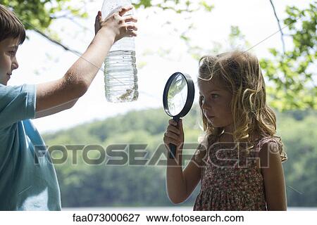 Children studying fish in water bottle View Large Photo Image Stock Photo - Children studying fish in water bottle. Fotosearch