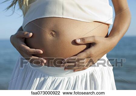 Stock Image - Woman's hands on pregnant belly, cropped. Fotosearch