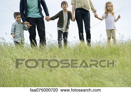 Stock Image - Family holding hands together outdoors, cropped. Fotosearch