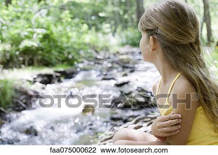 Girl contemplating stream in woods View Large Photo Image Stock Image - Girl contemplating stream in woods. Fotosearch
