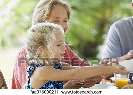 Girl having meal with family outdoors View Large Photo Image Stock Image - Girl having meal with family outdoors. Fotosearch