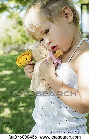 Little girl holding teddy bear, flower and pacifier View Large Photo Image Stock Photography - Little girl holding teddy bear, flower and pacifier. Fotosearch