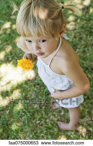 Stock Image - Little girl with pigtails, high angle view. Fotosearch