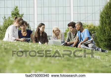University students studying on grass, low angle veiw View Large Photo Image Stock Image - University students studying on grass, low angle veiw. Fotosearch