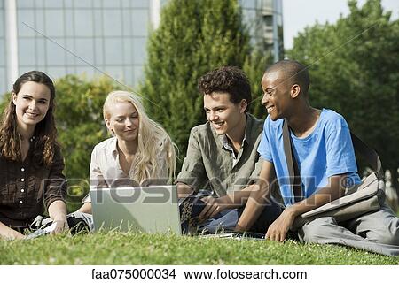 Picture - University students studying together on grass. Fotosearch