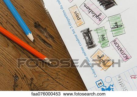 Child's homework and colored pencils View Large Photo Image Stock Image - Child's homework and colored pencils. Fotosearch