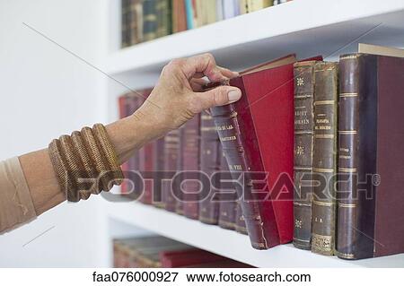 Stock Photo - Woman choosing book from bookshelf, cropped. Fotosearch