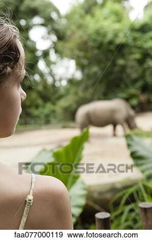 Stock Photo - Girl watching animal at zoo, rear view. Fotosearch