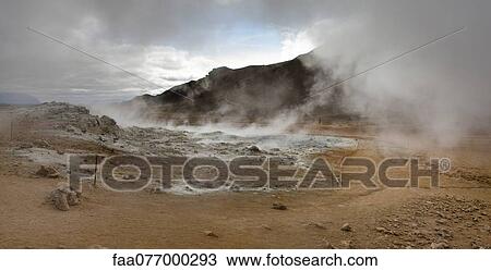 Stock Image - Iceland, Namafjall, fumaroles and mudpots releasing steam and sulfur gas. Fotosearch