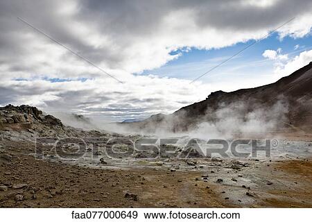 Iceland, Namafjall, fumaroles and mudpots releasing steam and sulfur gas View Large Photo Image Stock Photo - Iceland, Namafjall, fumaroles and mudpots releasing steam and sulfur gas. Fotosearch