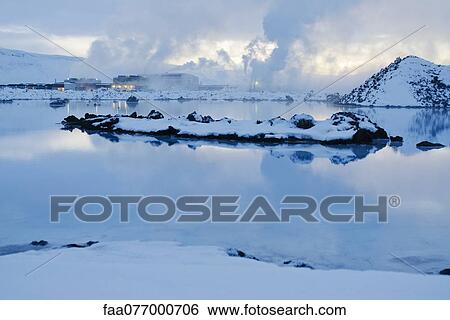Stock Photograph - Iceland, Reykjanes Peninsula, Blue Lagoon geothermal spa, geothermal power plant in background. Fotosearch