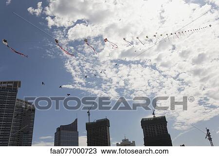 Stock Image - Kites flying above Yantai, Shandang province, China. Fotosearch