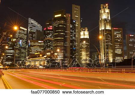 Stock Image - Night scene at financial district in Singapore. Fotosearch