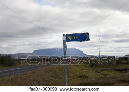 Stock Photo - Road sign pointing to Bjork, Iceland. Fotosearch