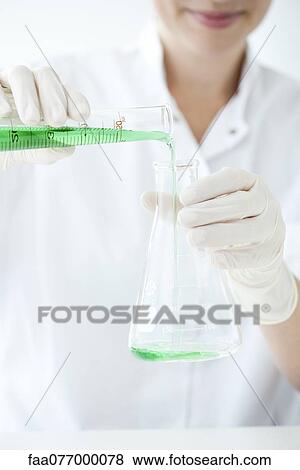 Scientist pouring liquid from graduated cylinder to conical flask View Large Photo Image Stock Photo - Scientist pouring liquid from graduated cylinder to conical flask. Fotosearch