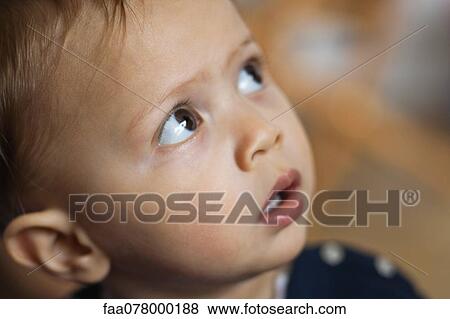 Stock Photo - Baby boy looking up in curiosity, portrait. Fotosearch