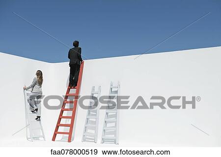Stock Photo - Businessman and businesswoman climbing ladders. Fotosearch