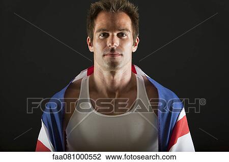 Athlete covered with British flag, portrait View Large Photo Image Stock Image - Athlete covered with British flag, portrait. Fotosearch
